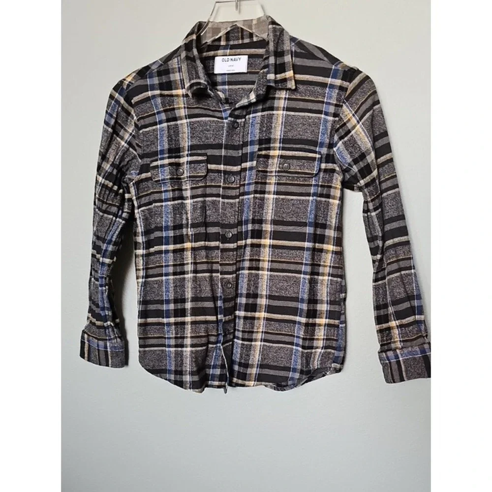 Old Navy Boys Large Plaid Flannel Button Down Shirt Gray Blue Yellow Cotton